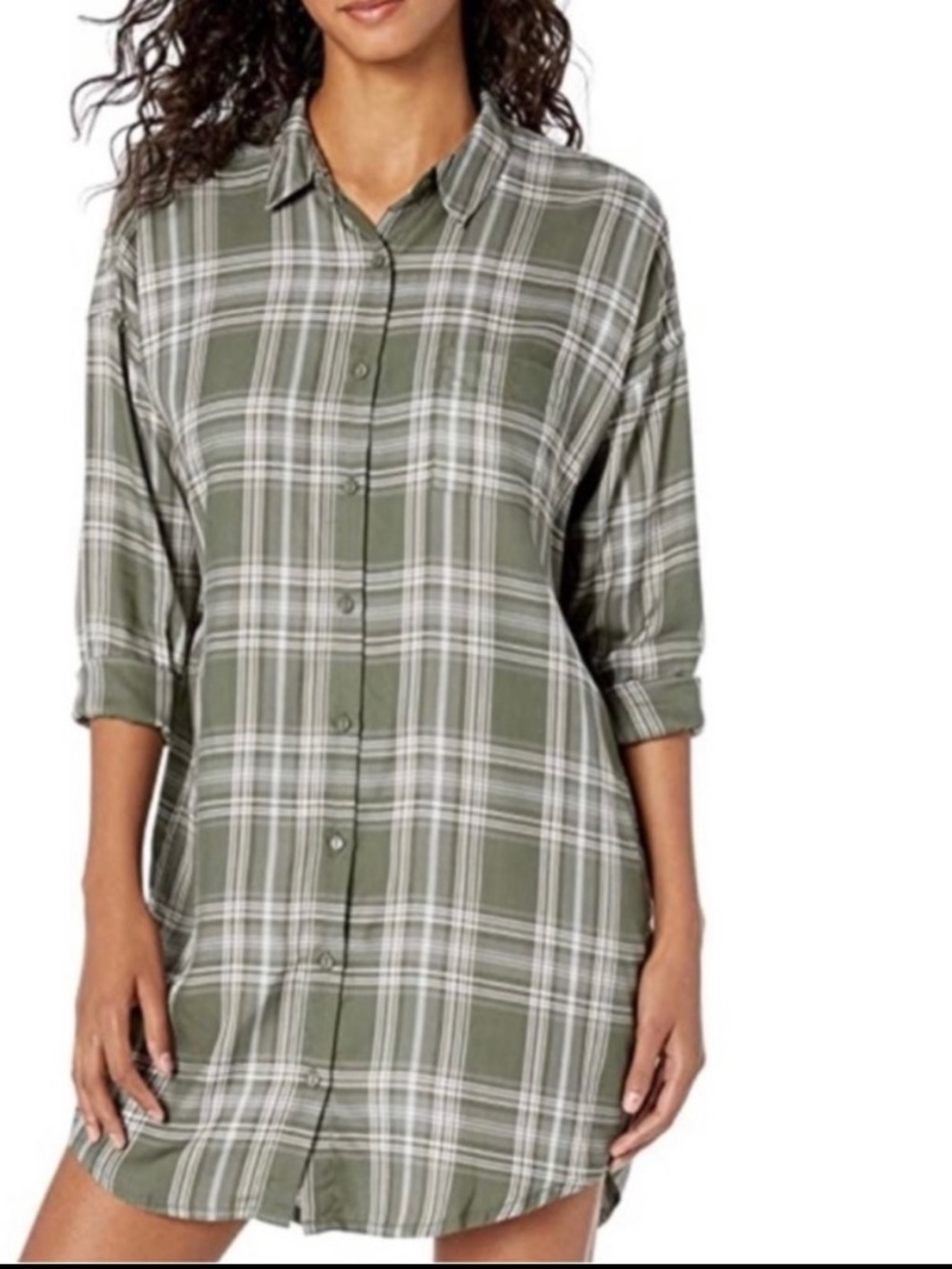 P.J. Salvage Womens Plaid Pajama Shirt Dress Olive Mad About Plaid